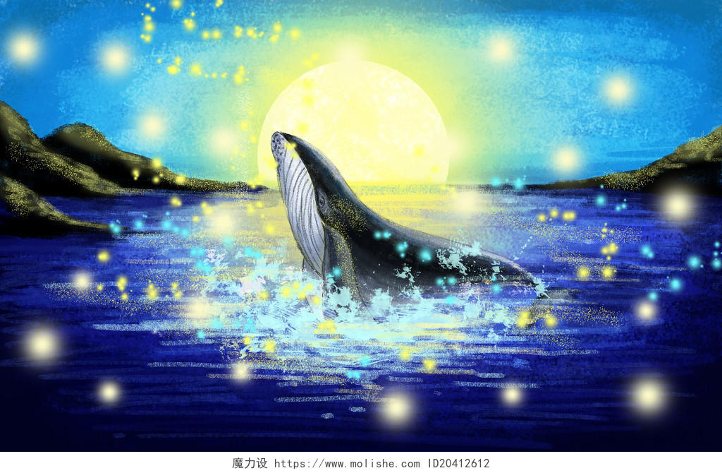 唯美蓝色海洋夏天夜景海蓝时见鲸原创插画海报
